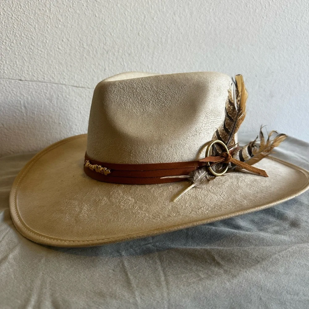 Elegant Cream and Tan Women's Hat with Gold Rings - Picture 3 of 5